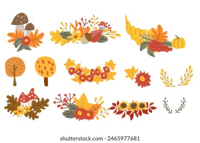 Hello Autumn fall thanksgiving greeting banner with foliage forest leaves. Welcome autumn banner. Invitation to new harvest season. Template for poster design, prints, flyers. Vector illustration.