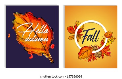 Hello Autumn Fall Typographic Paint Watercolor Fall Leaves Poster