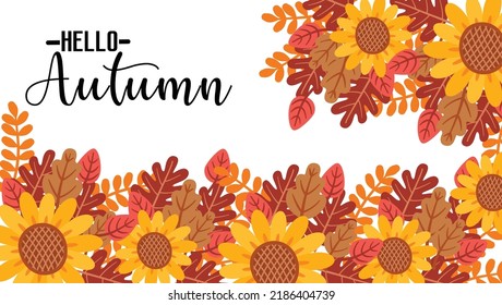 Hola, otoño. Cae con hojas de temporada, flores de sol y cosecha. Tarjeta de saludo, invitación, insignia, banner de venta, etiqueta.