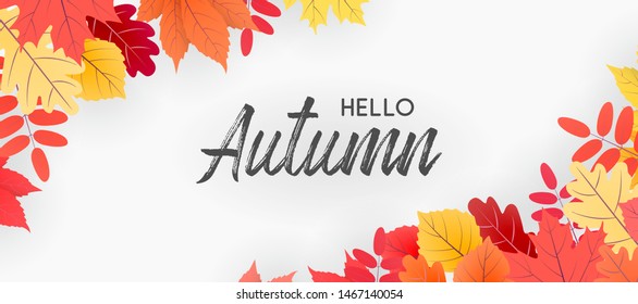 Hello autumn falling leaves. Autumnal foliage fall and poplar leaves. Autumn design. Templates for placards, banners, flyers, presentations, reports.