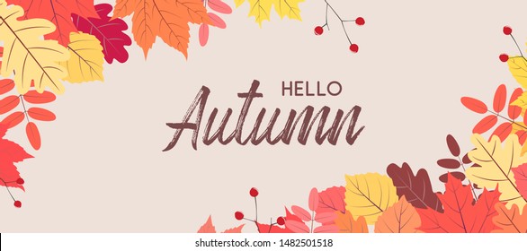 Hello autumn falling leaves. Autumnal foliage fall and poplar leaves. Autumn design. Templates for placards, banners, flyers, presentations, reports.