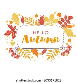 Hello autumn falling leaves. Square autumn template. Vector illustration for invitation, postcard and banner.