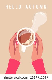 Hello autumn. Female hands in sweater holding a cup of coffee. Top view. Vector illustration for mobile and web graphics.