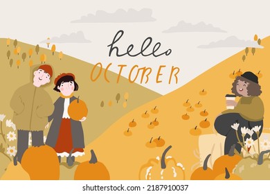 Hello autumn flat banner, card vector template. Postcard layout with couples, friends enjoying Autumn. Fall season colorful horizontal illustration. Boyfriend and girlfriend enjoy autumn characters
