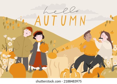 Hola banner plano otoño, plantilla vectorial de tarjeta. Distribución de postales con parejas, amigos disfrutando del otoño. Ilustración horizontal colorida de la temporada de otoño. Novio y novia disfrutan de personajes de otoño