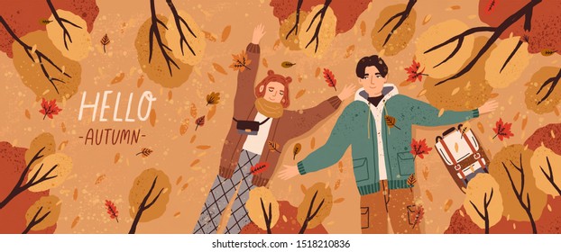 Hello autumn flat banner vector template. Postcard layout with couple lying on ground top view. Fall season colorful horizontal illustration. Boyfriend and girlfriend enjoy autumn characters.