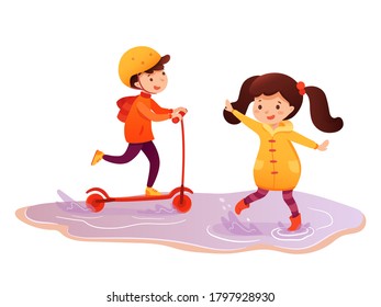 Hello autumn flat banner vector template. Girl splashing in puddle and boy riding scooter cartoon characters. Fall season poster concept. Little kids playing together illustration with calligraphy
