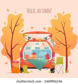 Hello Autumn flat cartoon vector illustration. Family picnic in the forest. Road trip and hiking, outdoor adventures by car. Autumn holidays.