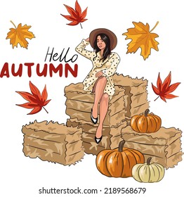 Hello autumn flat hand drawn vector illustration. Beautiful woman in dress and hat sitting on hay bales. Pretty lady with pumpkins. Fall season postcard design, sublimation print with lettering 