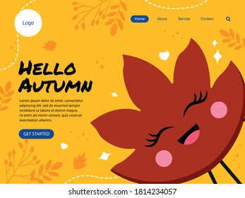 Hello Autumn Flat Landing Page Vector Template. A cute kawaii leaf Website Page Concept.