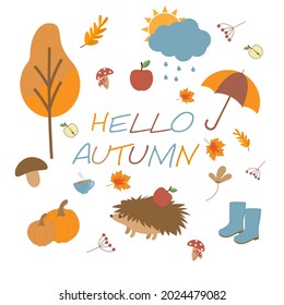 Hello autumn, flat set autumn elements, colored leaves, pumpkin, tea cup, autumn boots, umbrella, dog, mushrooms and street lamp
