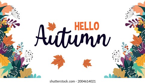 Hello Autumn Flat style Vector illustration with hand drawn leaves isolated on white background. Fall colorful design template for greeting card, poster, sale, promotional campaign, flyer, web banner