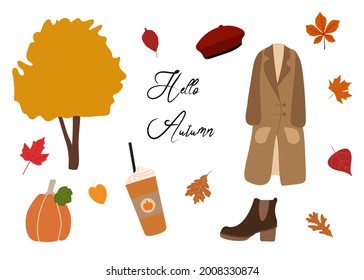 Hello autumn flat vector set illustration. Warm coat, orange pumpkin, brown boot, beret, coffee cup, fall leaves. Isolated on white background. Great for cards, print, stickers.