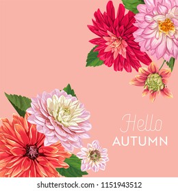 Hello Autumn Floral Design. Seasonal Fall Floral Background For Web Banner, Poster, Leaflet, Sale, Promo, Print. Watercolor Asters Flowers. Vector Illustration