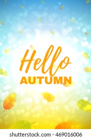 Hello autumn flyer. Beautiful background with the falling leaves. Vector template of brochure with place for text for your business in A4 size.