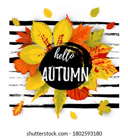 Hola plantilla de volante de otoño. Hojas de otoño brillantes con hojas de otoño brillantes y fondo de pintura dibujado a mano. Afiche, tarjeta, etiqueta, diseño de pancartas. Ilustración vectorial.