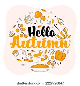 Hello Autumn Font With Autumnal Season Icons On Peach And White Background.