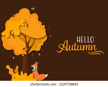 Hello Autumn Font With Cartoon Fox Sitting Under Paper Cut Tree And Fall Leaves On Brown Background.