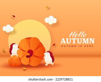 Hello Autumn Font With Cartoon Hedgehog Holding Pumpkins, Clouds And Fall Leaves On Orange Background.