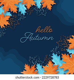 Hello Autumn Font With Top View Of Maple Leaves And Berry Stem Decorated On Blue Background.