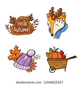 Hello Autumn, FOX, Pumpkins, apple, hat beanie clip art, Sticker, background fall of oak leaves t-shirt design