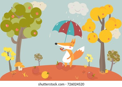 Hello autumn! Fox under the umbrella of rain.