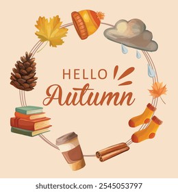 Hello autumn frame with fall elements in hand-drawn style, perfect for seasonal designs and autumn-themed greetings.