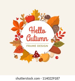Hello autumn frame in flat style. Frame with different leaves, mushrooms, nuts, berries. Vector illustration design template 