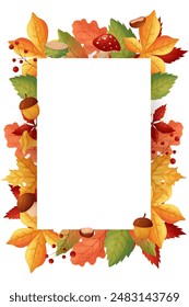 Hello Autumn. Autumn frame rectangular, with leaves and mushrooms on white background. 