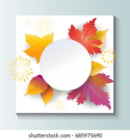 Hello Autumn frame with space for text. Vector illustration. Fall season. Thanksgiving Holiday decoration. Maple tree leaves, lettering, paper texture. Autumn Sale background. Fall Sale banner.