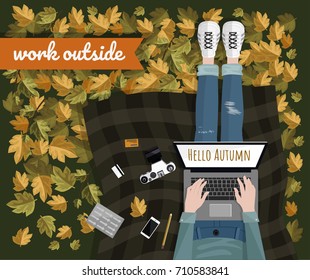 Hello autumn. Freelancer typing on laptop. Work outside. Top view. notebook mobile credit cards glasses. Vector illustration.