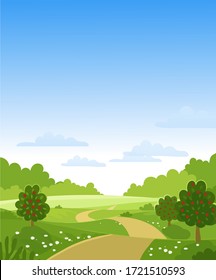 Hello, autumn. Fruit trees with a crop on a farm. Green hills and meadows, blue sky with clouds, apples on the trees. Card with a summer landscape. Flat vector illustration