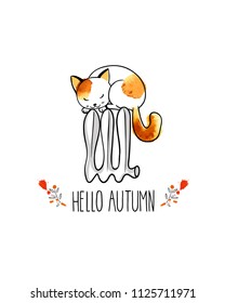 Hello autumn. A funny cute cat is lying on the battery. Hand drawn doodle vector illustration.