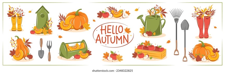 Hello Autumn. Gardening, growing plants. Set with pumpkin, fruit, watering can and autumn leaves. Happy thanksgiving. Vector illustration.