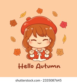 Hello autumn girl chibi kawaii cartoon