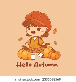 Hello autumn girl chibi kawaii cartoon