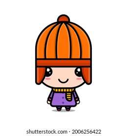 Hello autumn. girl wearing autumn clothes. cute girl cartoon character illustration