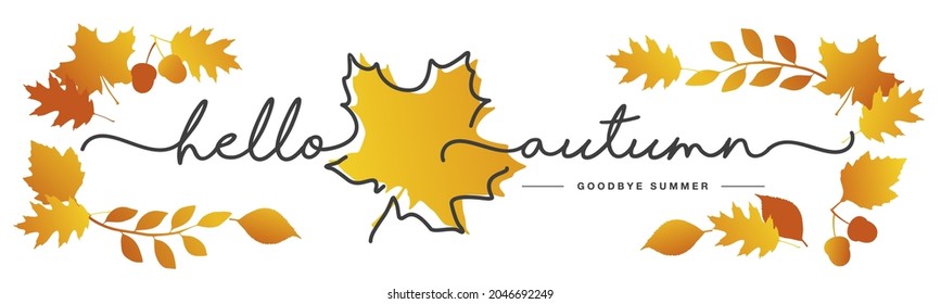 Hola otoño adiós verano diseño de línea manuscrita tipografía caligrafía hojas de otoño vintage aisladas en fondo blanco