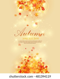 Hello, Autumn. Goodbye, Summer. The trend calligraphy. Vector illustration on the background of autumn leaves. Autumn typographic illustration of handwritten. Hand Lettering print.
