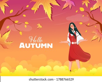 Hello Autumn Gradient Background With Beautiful Young Girl Enjoying.