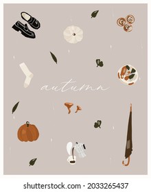 Hello, Autumn. Gray poster with autumn symbols in pastel shades. Pumpkins, herbs, leaves, mushrooms, coffee, socks, boots, buns, umbrella and bento cake. Vector flat hand drawing illustration.