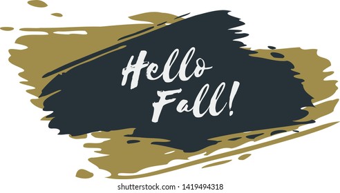 Hello autumn greeting banner. Labels with hand painted watercolor brush stroke splashes and text. 