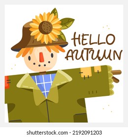 Hello autumn greeting card with cartoon scarecrow. Vector autumn poster illustration.