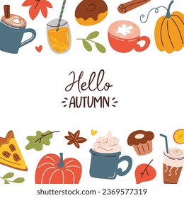 Hello autumn greeting card, coffee, desserts and yellow leaves, fall season hand drawn composition, template with cute lettering, vector arrangement with pumpkins and spices, card and poster design