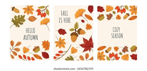 Hello autumn greeting card with colorful fall leaves, acorns, and berries. Cute flat seasonal illustration. Warm and cozy autumn design. Vector illustration isolated on white background.