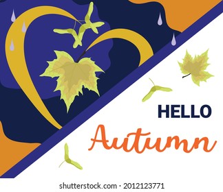 Hola planilla de diseño de tarjetas de felicitación de otoño con hojas de arce anaranjadas, fondo de caída de estilo plano con elementos dibujados a mano. Ilustración del vector