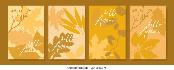 Hello Autumn Greeting Card Design Collection with Festive Fall Leaves and Branches. Seasonal Harvest Event Deceration Concept. Vector.