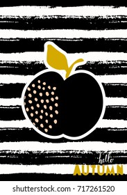 Hello Autumn greeting card design with an apple on striped black and white background.