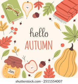 Hello autumn greeting card with autumn elements. Cute and cozy seasonal objects. Fall, Thanksgiving Day. Vector illustration in flat style