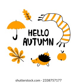 Hello autumn Greeting card. Hand drawn collection of fall design elements with handwritten lettering in flat and doodle cartoon style. Vector illustration on white background